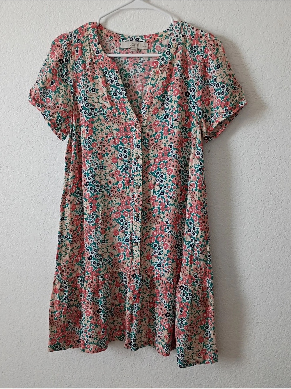 LOFT Coral and Teal Floral Short Dress